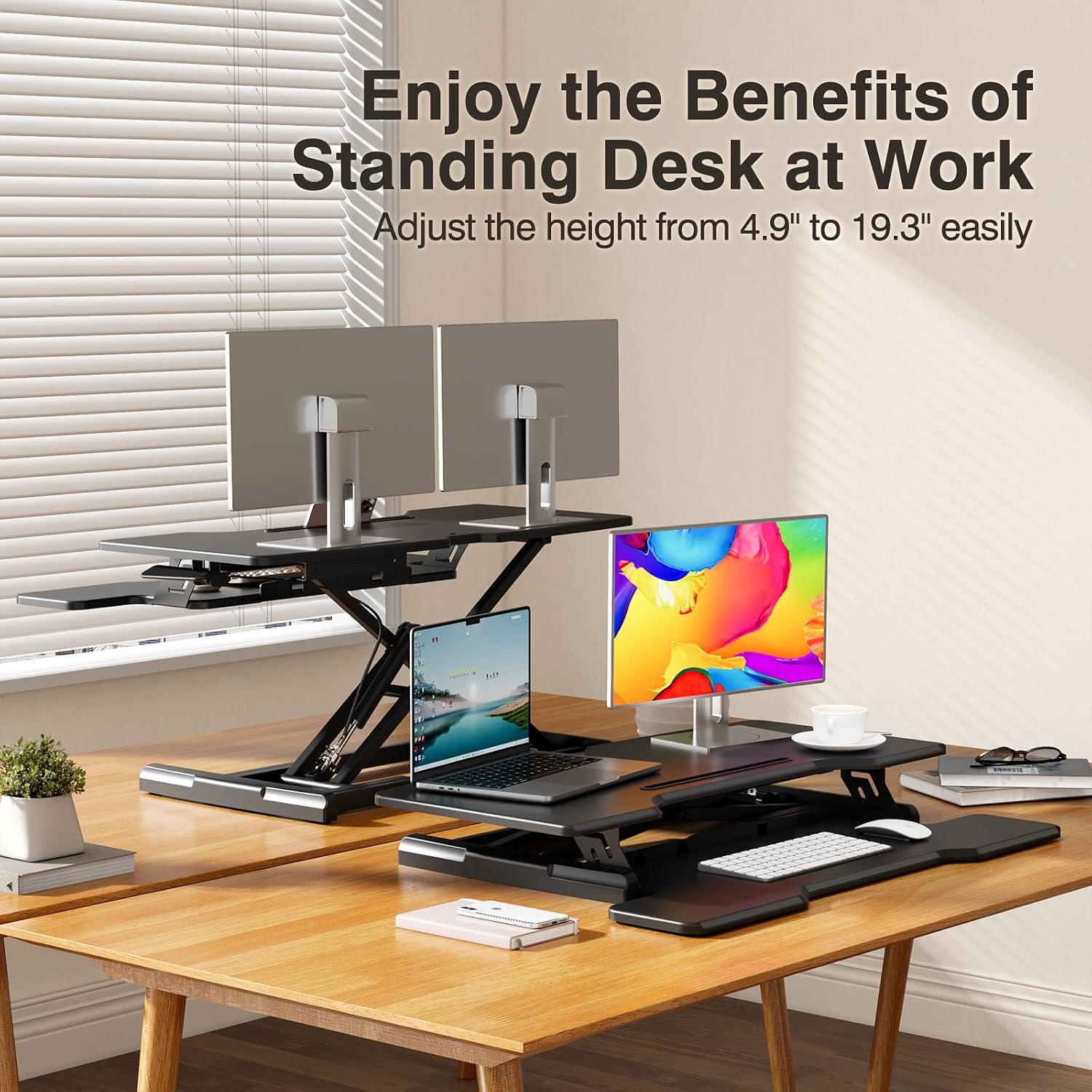 스탠딩 데스크 컨버터, 높이 조절 가능한 앉아서 서서  - Desk Setup With Keyboard Tray 리뷰 및 가격