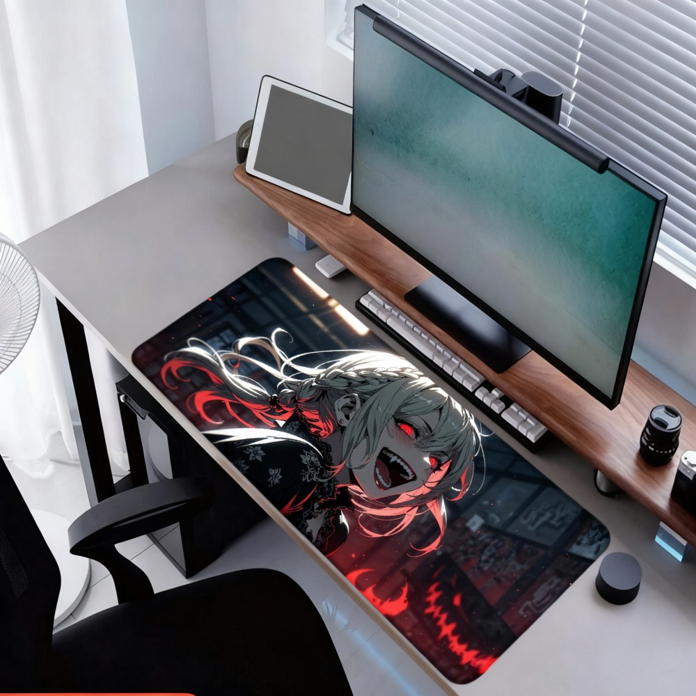 붉은 불꽃과 어두운 배경 디자인을 가진 애니메이션 소녀 - Desk Setup Simple 리뷰 및 가격